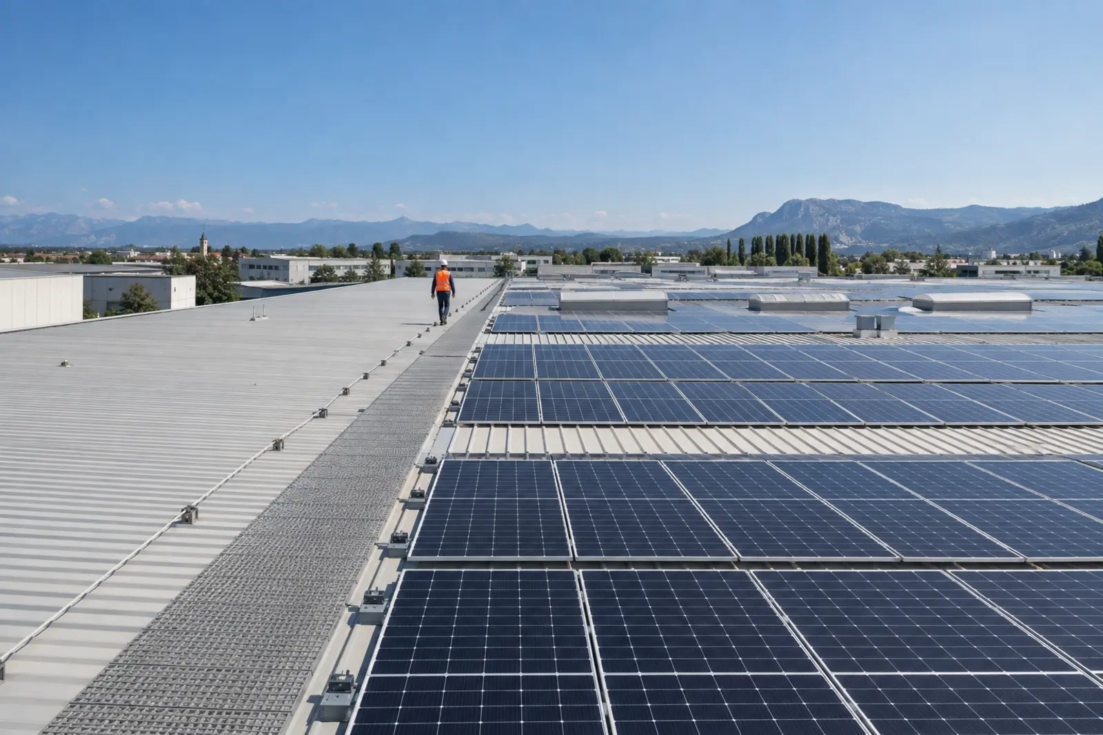 Grande copertura industriale con impianto fotovoltaico in piena luce diurna