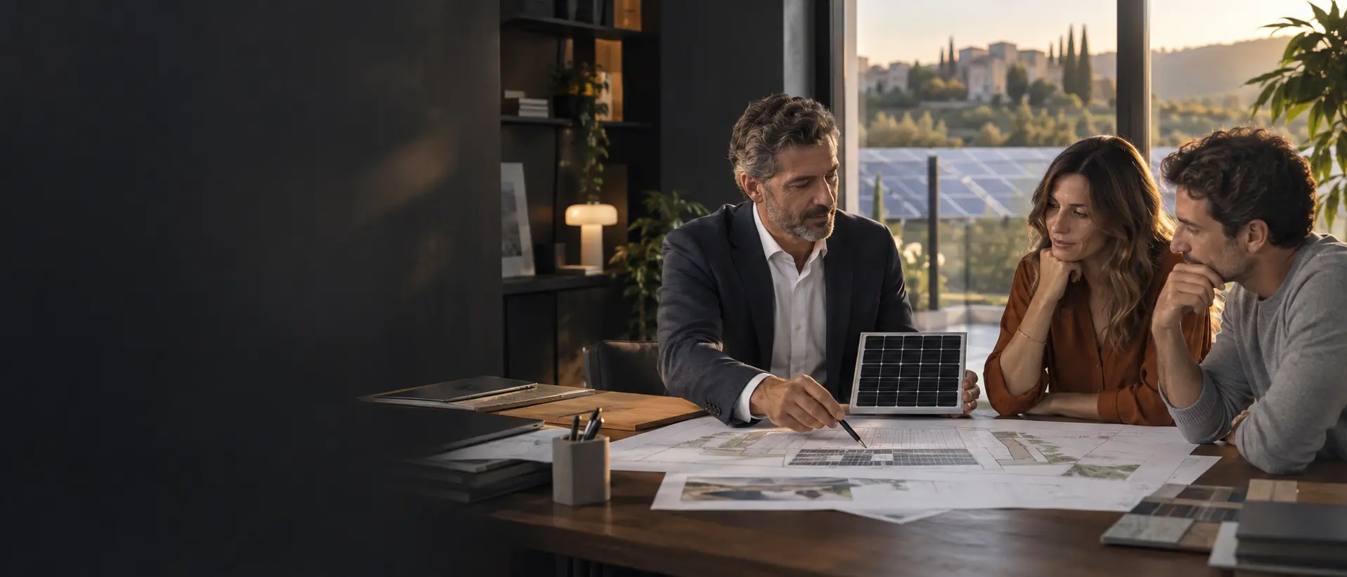 Consulente energetico che illustra un progetto fotovoltaico a due clienti
