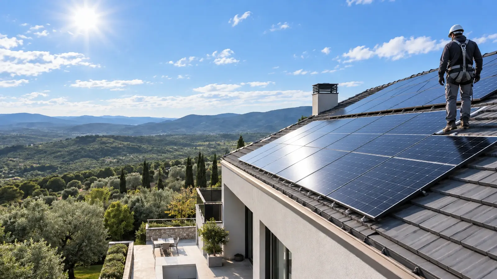 Tecnico che verifica un impianto fotovoltaico completato in una giornata soleggiata